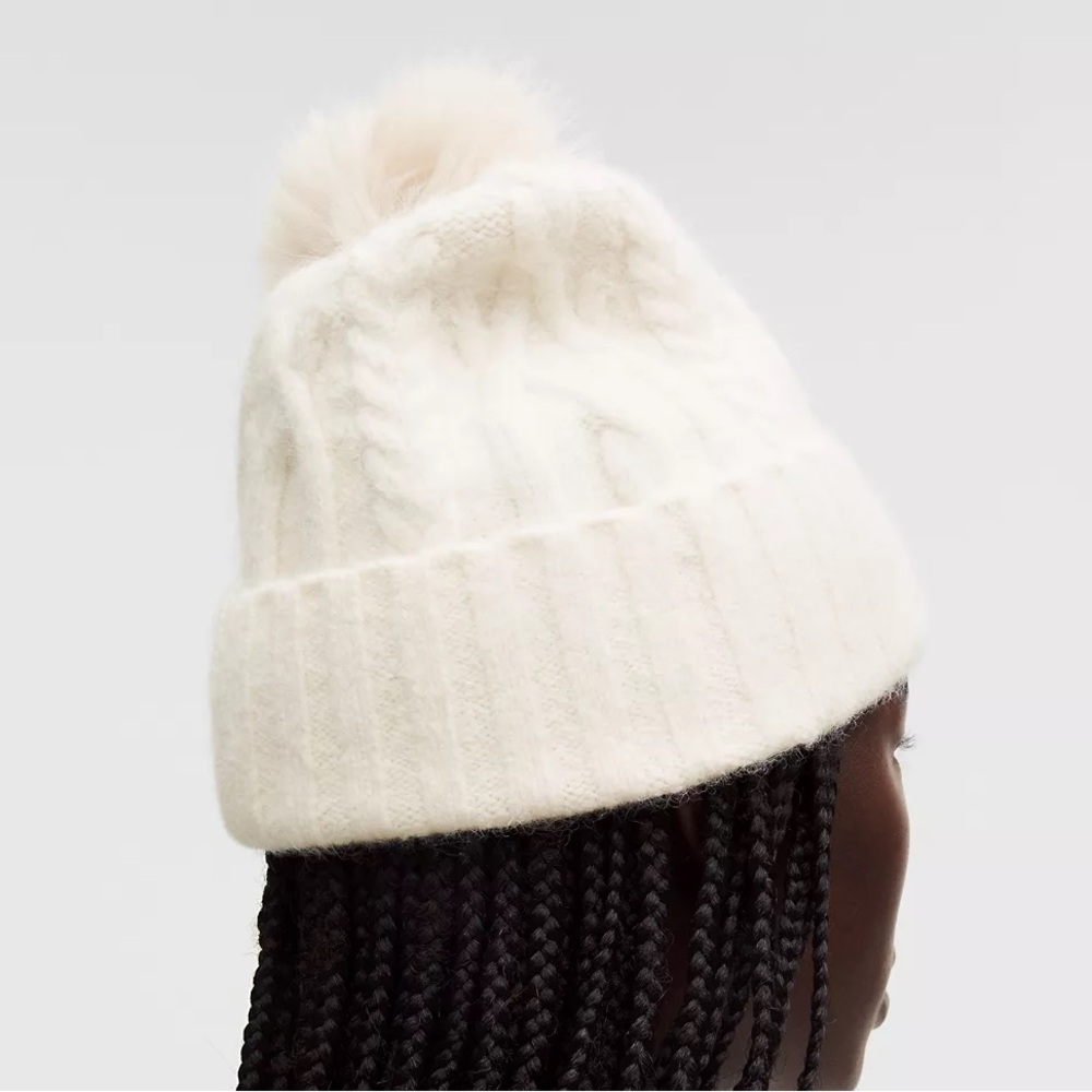 Lululemon Women's Alpaca Wool-Blend Cable-Knit Pom Beanie Light Ivory - Picture 2 of 7